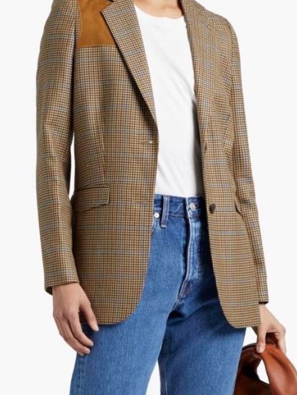 Purdey Tan & Blue Glen Plaid Blazer with Suede Shoulder Patch Women’s Size 12